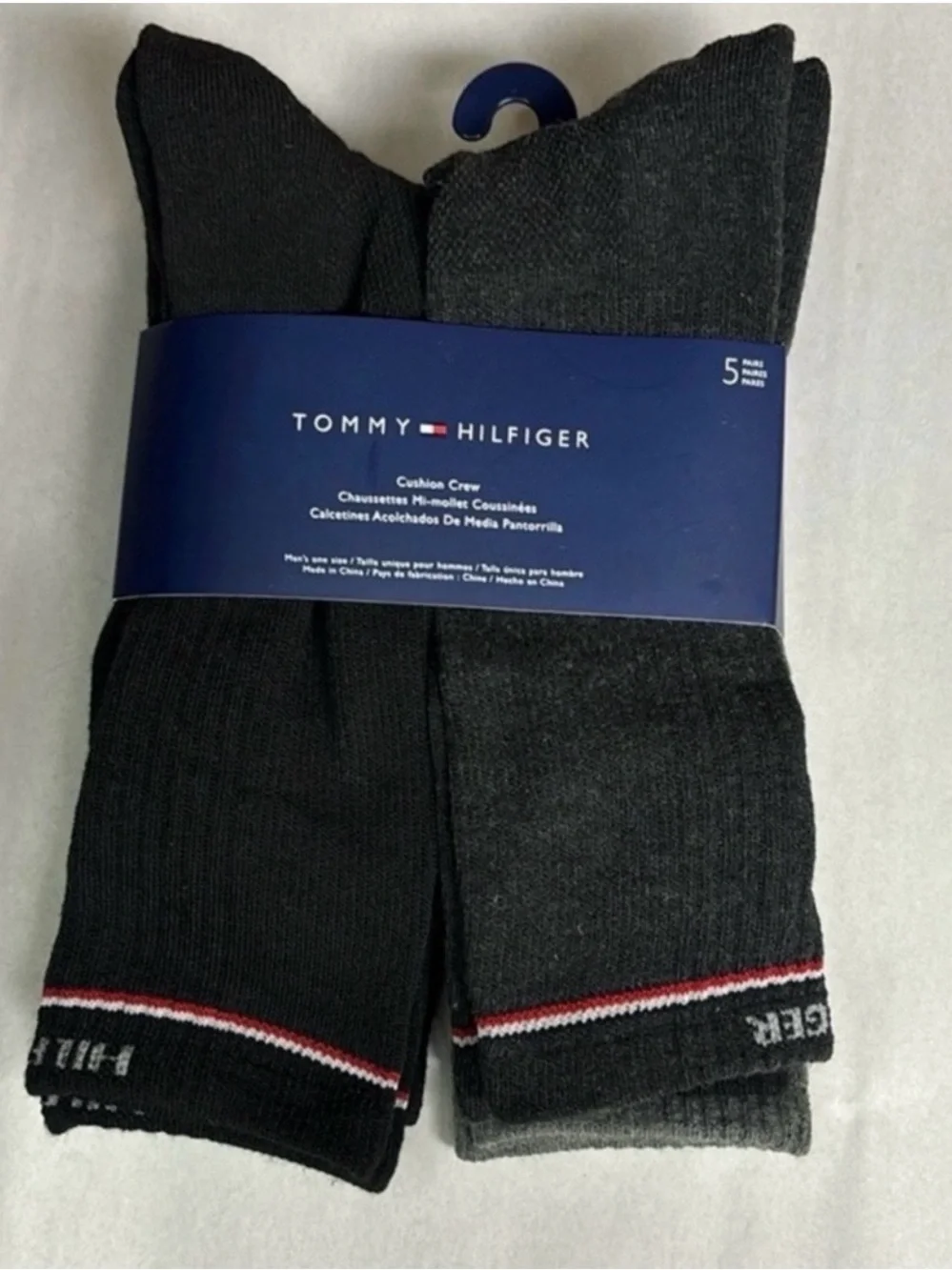 New Tommy Hilfiger Socks Men’s 5 Pairs Black & Gray Cushion Crew Socks Casual